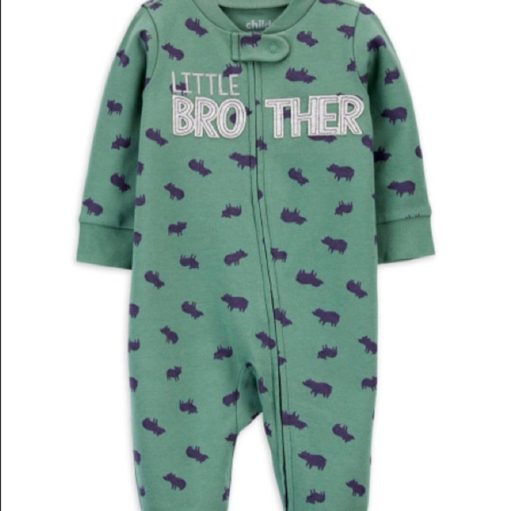 “Little Brother” Premie bear motif outfit, zipper enclosure, one piece